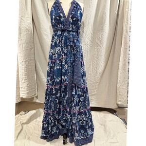 Lola Australia Blue Floral Cotton Halter Maxi Dress Tiered Boho Resort V-Neck S